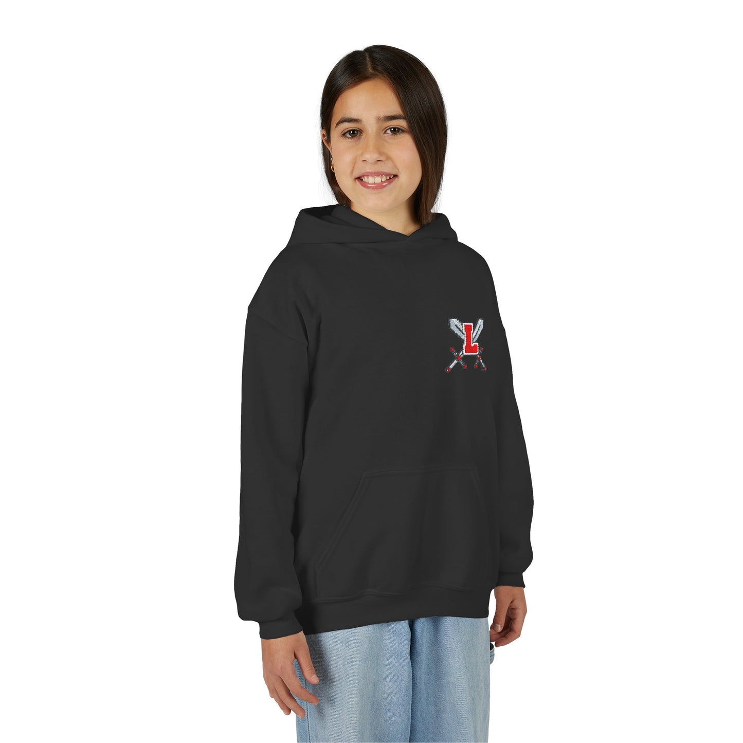Embroidered Youth Hooded Sweatshirt Legends Crossed Swords Design