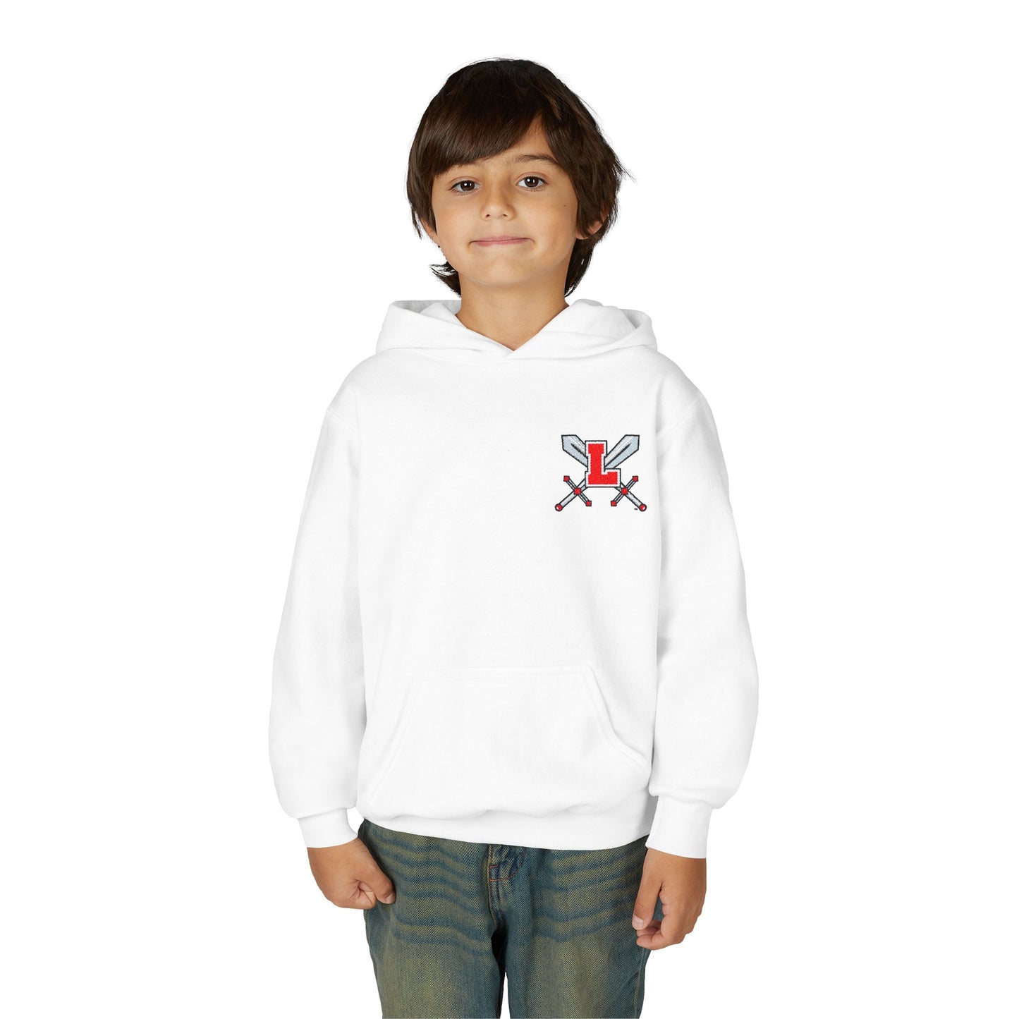 Embroidered Youth Hooded Sweatshirt Legends Crossed Swords Design